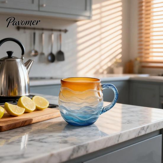 Non-slip Handle Cup Sea Glass Sunset Mug Thickened with Wave Texture Gradient Color Drinking Water Non-Slip Glassware for Coffee Juice Iced
