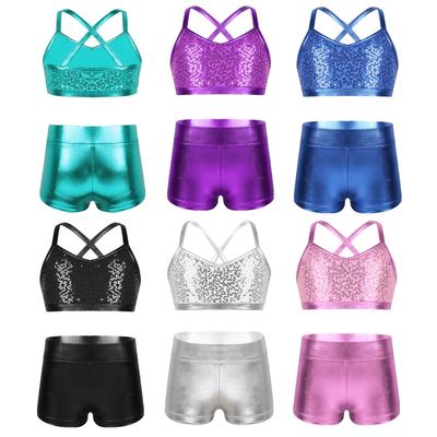 Kids Girls Sequins Tankini Set Criss Cross Back Crop Top with Bottoms Gymnastics Workout Costume