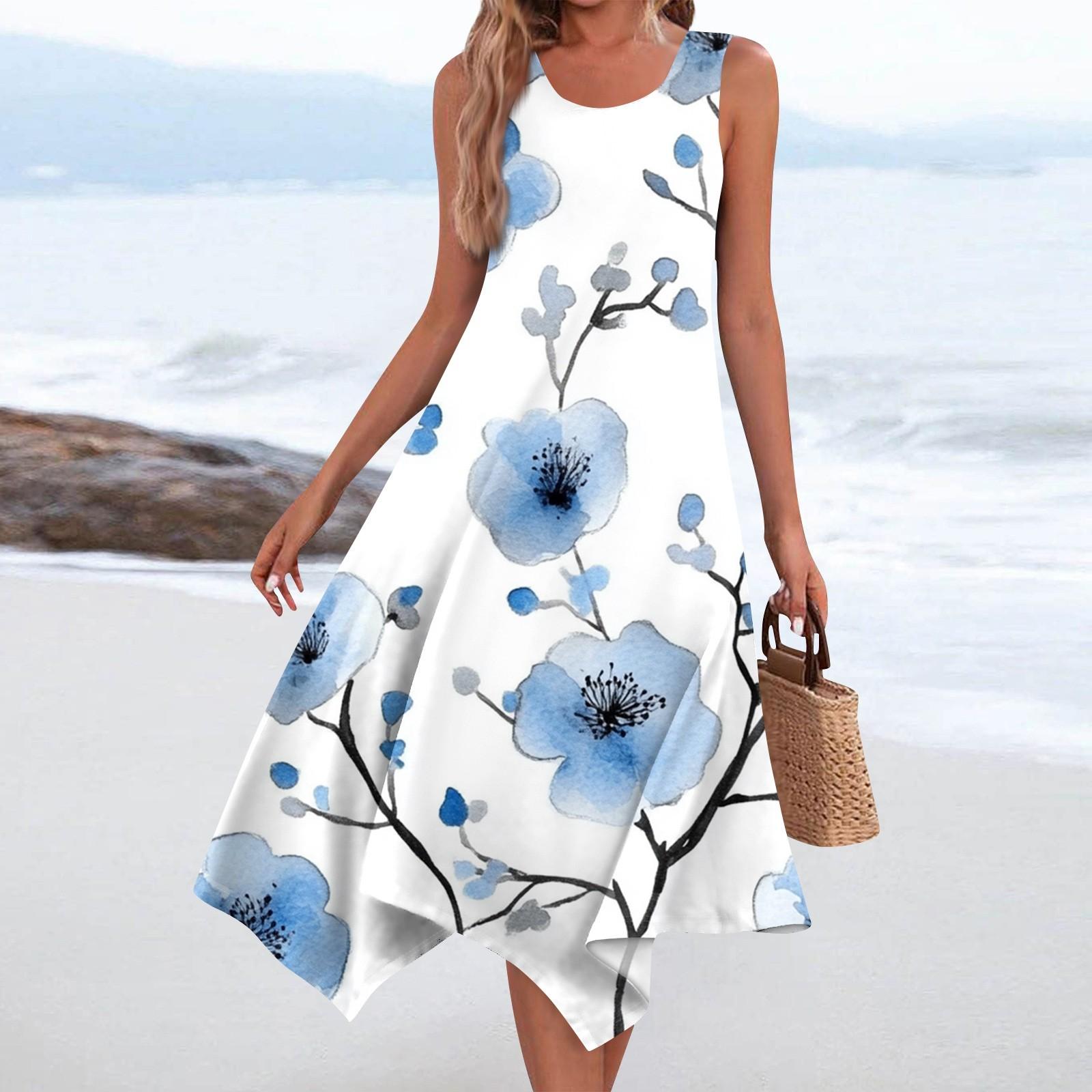 

Женское повседневное модное платье средней длины с круглым вырезом без рукавов с винтажным цветочным принтом и неровным подолом XL белый