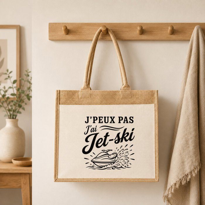 Sac Cabas Jute avec Poche J’peux pas j’ai Jet-ski J'peux pas minimaliste | Toile de Jute et Coton 21 L Fond Plat Anses 65 cm