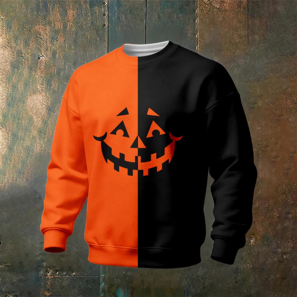 Men's Casual Sweatshirt Long Sleeve Neck Halloween Print Pullover for Holiday Party and Everyday Wear