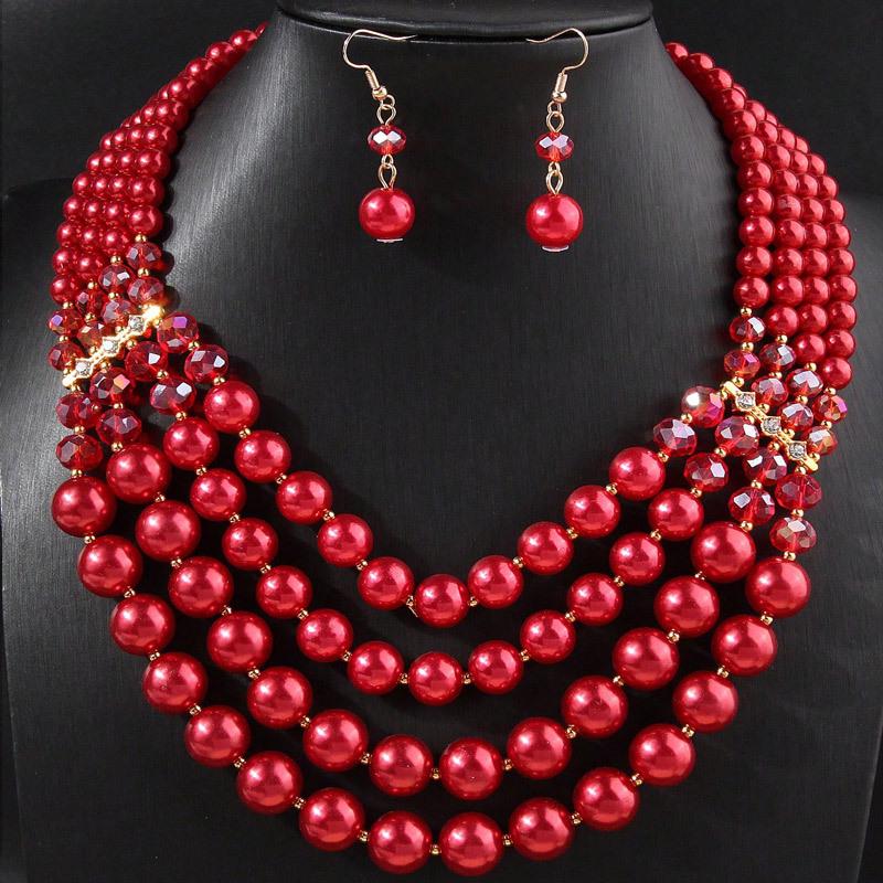 Модный этнический жемчужный набор украшений: ожерелье и серьги красный