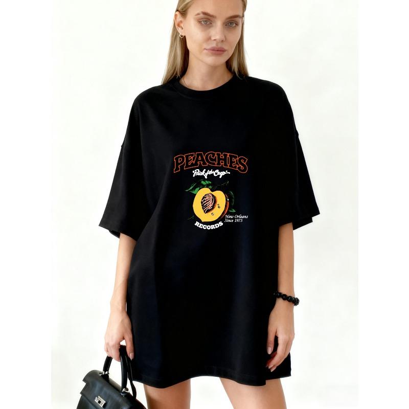 Oversized T Shirt Black Peaches Records Graphic Print With Peach And Text Design For Casual Wear And Street Style S