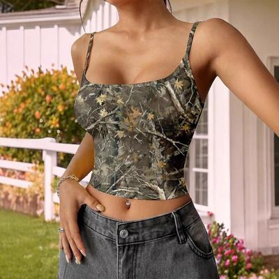 Yaz Yeni Askılı Baskılı Crop Top Kısa Kolsuz Göbek Açık Yelek Kadın Üstleri