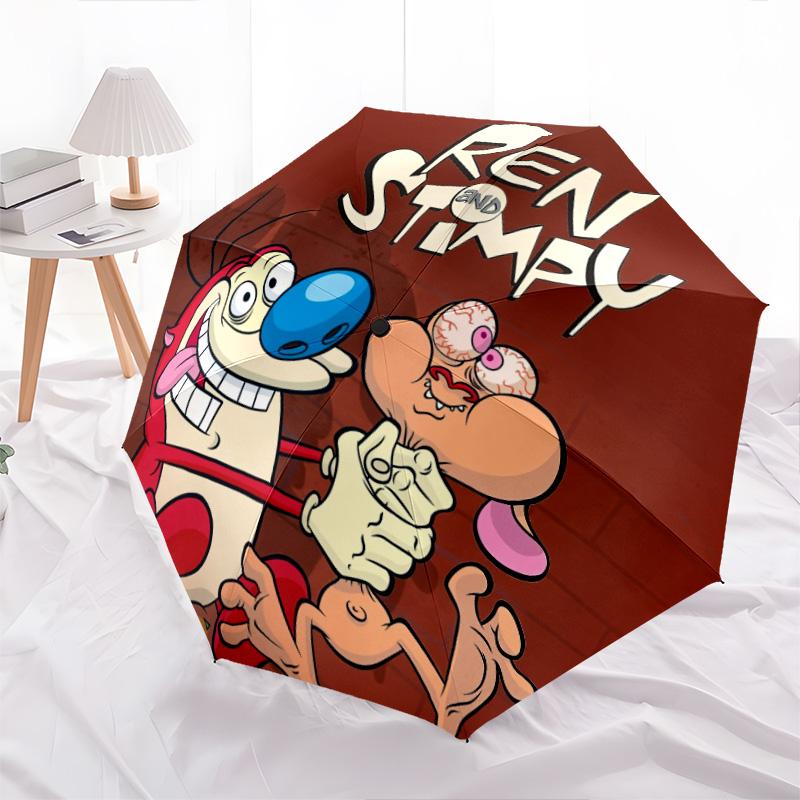 Ren and Stimpy pattern, automatic folding umbrella, portable and foldable design, 8 ribs, a Christmas or birthday gift.