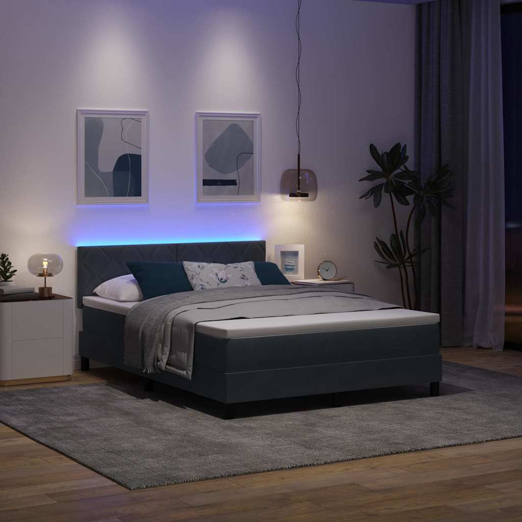 LED Box Spring Bed with Headboard Dark Grey 140 X 200 Cm Velvet
