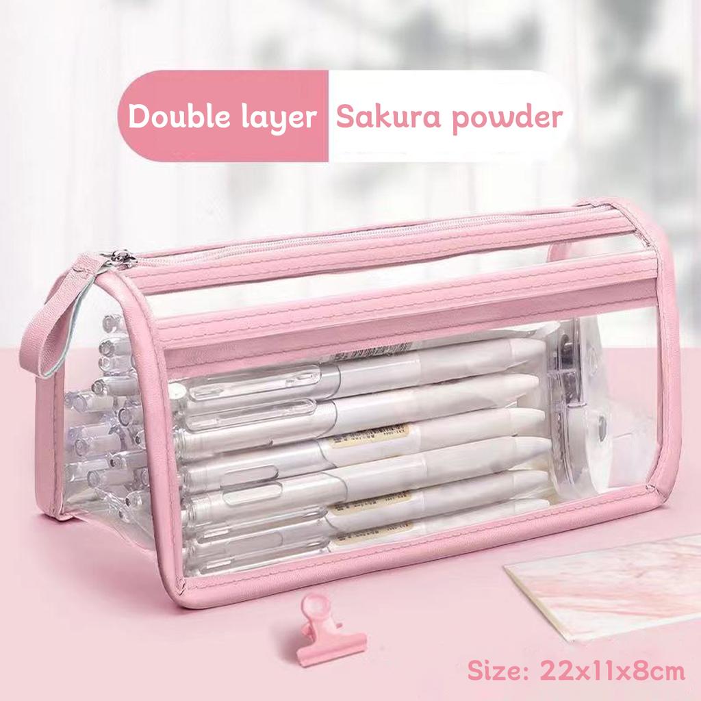 Transparent Double-layer Pencil Case Ins Triangular PVC Zipper Storage Bag Portable Waterproof Stationery School Office Supplies