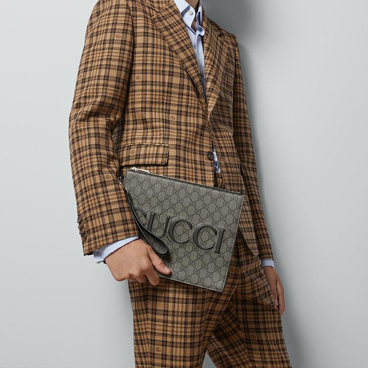 Gucci Logo Zip Clutch Bag Men Clutch Gray Black 768374-FACSM-1249