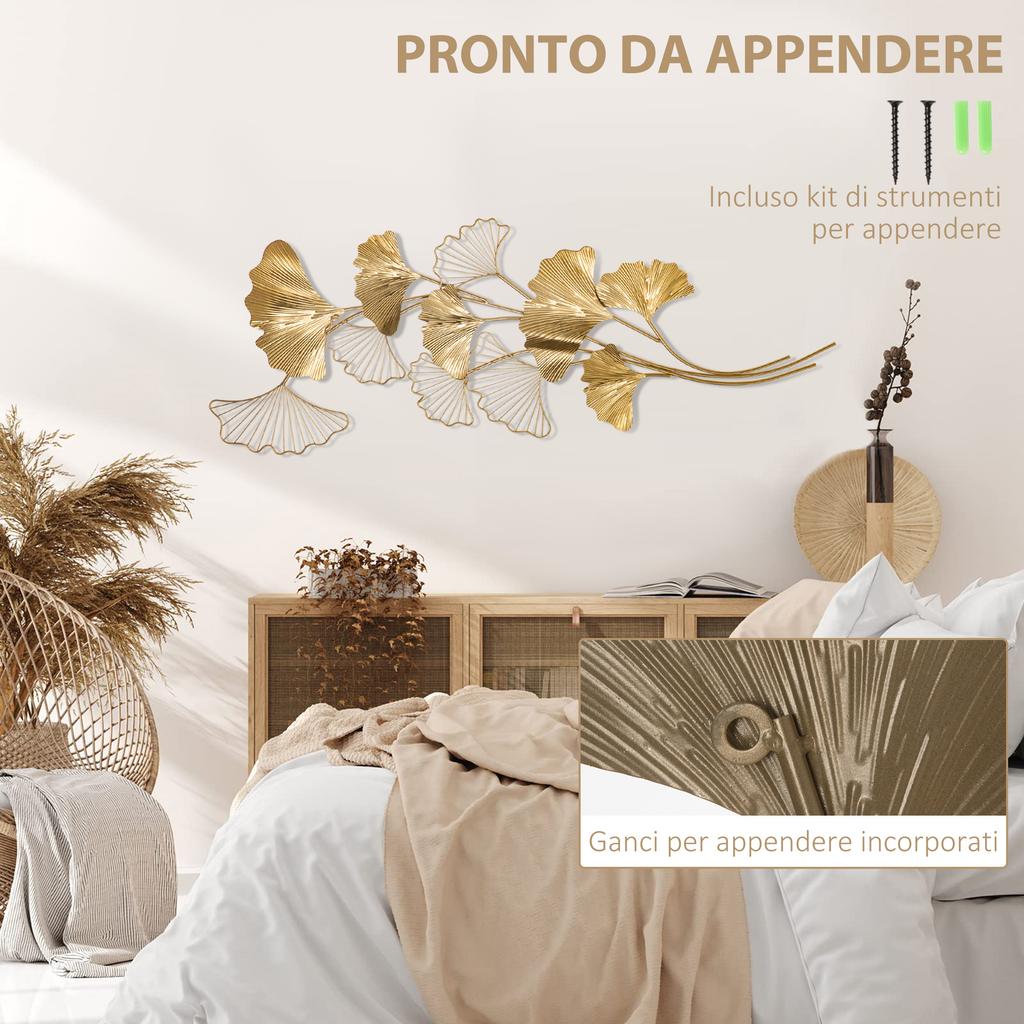 3D Metal Wall Decoration, Golden Wall Art with Ginkgo Leaves 138x70cm