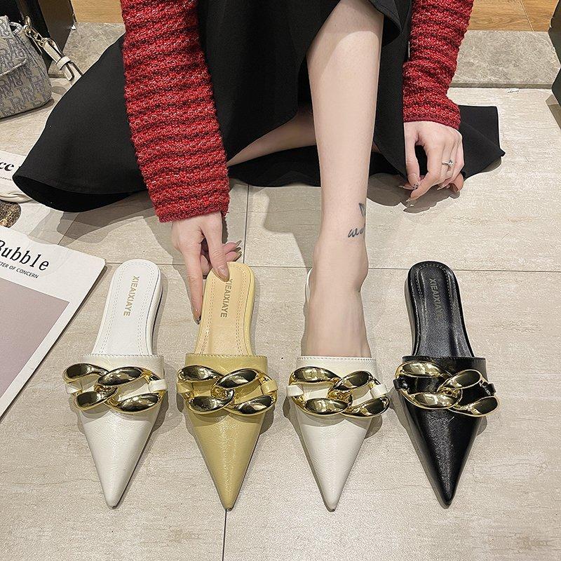 Fashion Aphixta 2025 Fashion New Big Chain Mules Women Slides Pointed Toe Ladies Shoes Summer Footwear Slippers