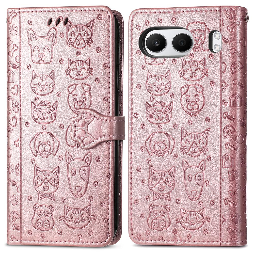

For OnePlus Nord 4 Leather Wallet Case Flip Phone Cover with Cute Cat Dog Pattern Rose Gold