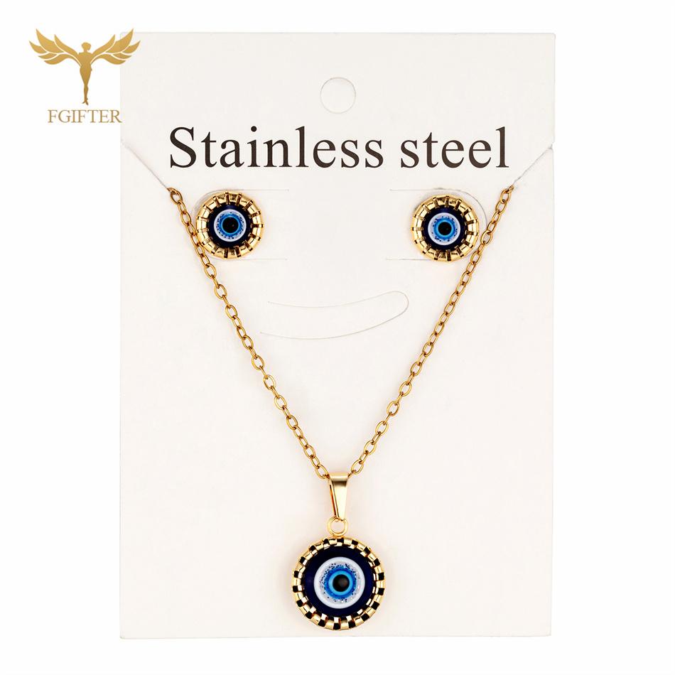 Fashion Turkish Blue Resin Eye Zircon Set Stainless Steel Chain Pendant Necklace Stud Earrings Women Accessories Lucky Amulets