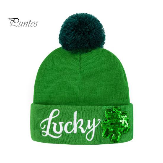 St Patrick Day Accessories St. Patrick's Shamrock Hat Irish Cuffed Pom Knit Green Celtic Knot Sequins Clover Skull Cap for Women Men Party Costume