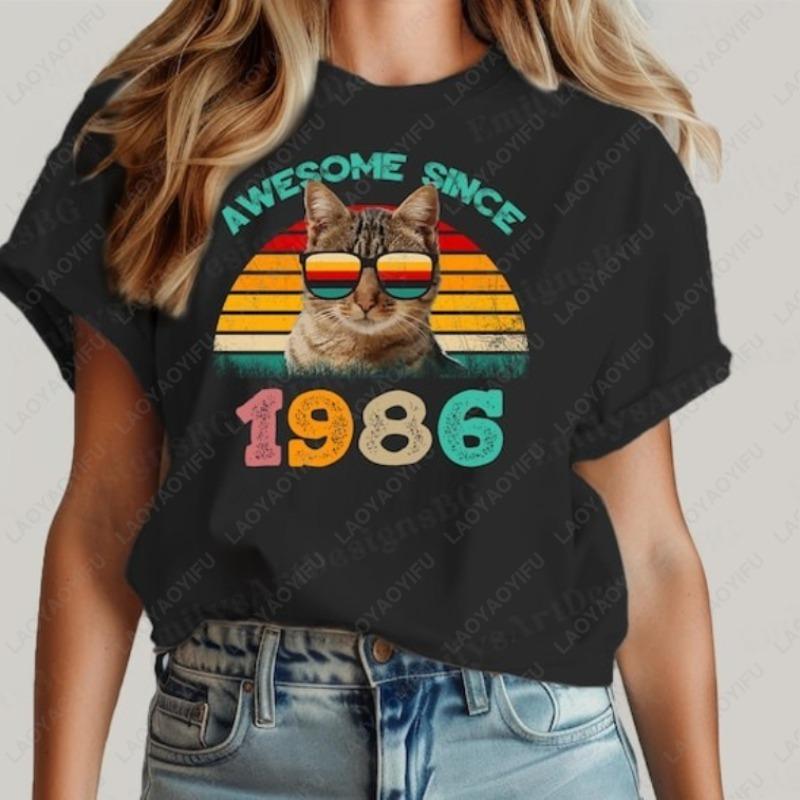 

Vintage Awesome Since 1986 Unisex Cotton Shirt Retro Cool Sunglasses Fun Cat Tee 40th Birthday Party Gifts Ropa Mujer Man Tops S
