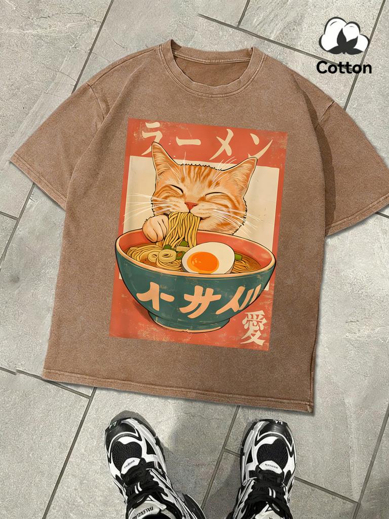 Eating Noodles Will Make Cats Happy Washed Man TShirt Summer Loose Fashion TShirts Soft Cotton Clothing Unisex Retro Tee