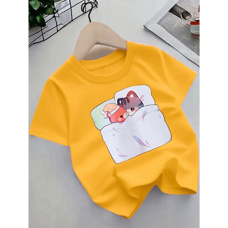 European sizes Cute And Comfortable Short-Sleeve T-Shirt Featuring a Cartoon Cat Pattern, Perfect for Children in Summer.