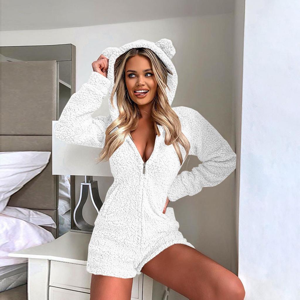 Women Long Sleeve Hooded Jumpsuit Pajamas Casual Winter Warm Rompe Sleepwear