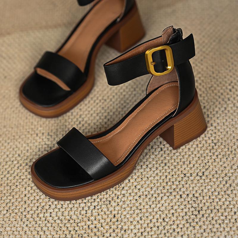 Luxury Women's Sandals Retro Peep Toe Sandals for Women High Quality Cow Leather Sandal 2025 Summer New Roma High Heeled Sandals