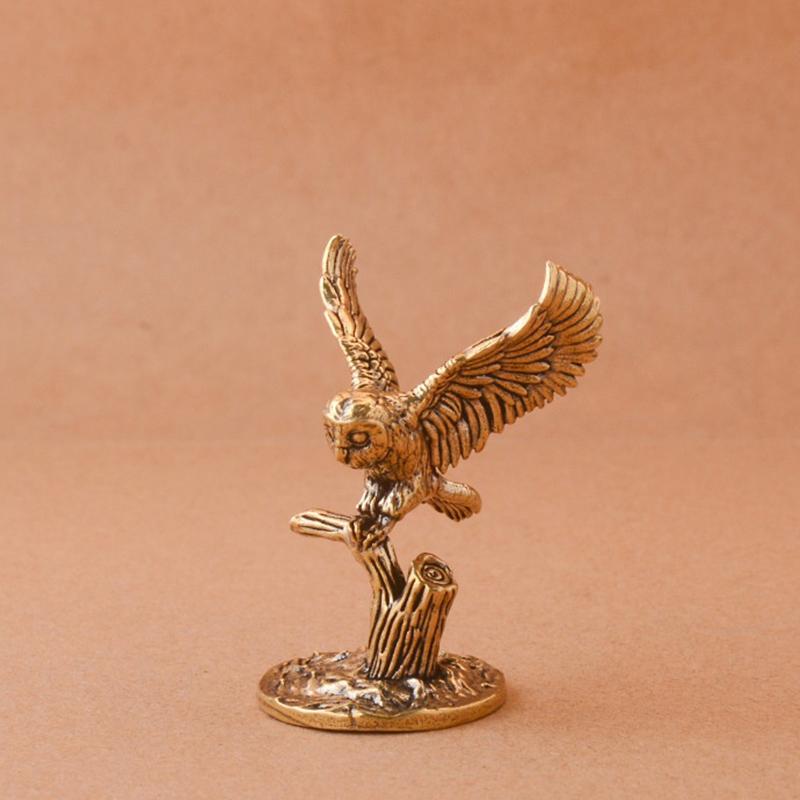 Antique Solid Brass Owl Miniature Figurines Retro Copper Animal Tea Pet Desktop Ornament Decor Crafts Animal Figurines