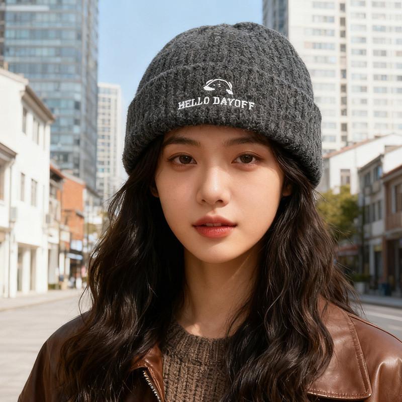 Knit Hat Women Autumn Winter Fashion Letter Embroidery Warm Beanie For Casual Wear