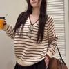 Striped Women's Sweater V-neck Contrasting Long Sleeved Knitwear Korean Version Autumn New Style Casual Woman Top