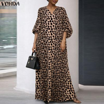 Letnia Damska Sukienka Maxi Casual Luźna z Krótkim Rękawem 3/4 w Panterkę na Wakacje