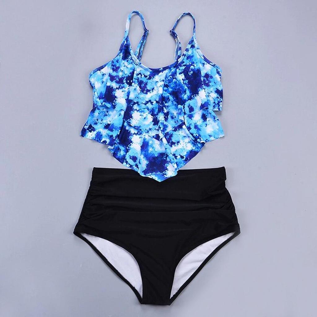 Costum de baie din două piese cu talie înaltă pentru femei, cu margine în formă de frunză de lotus