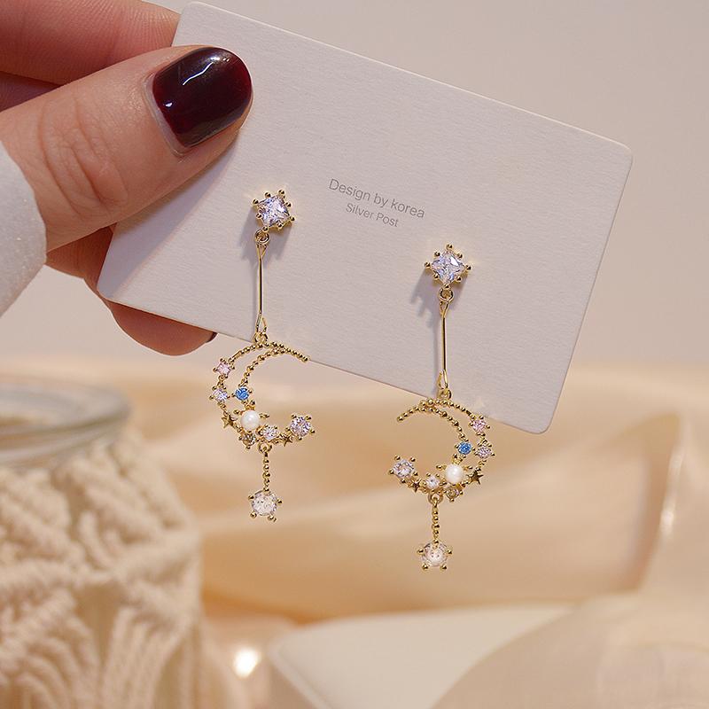 Romantic Inlaid Colorful Cz Pearl Moon Women Earring Charm 14k Plated Gold Transparent Zircon Drop Earring Daily Jewelry Pendant