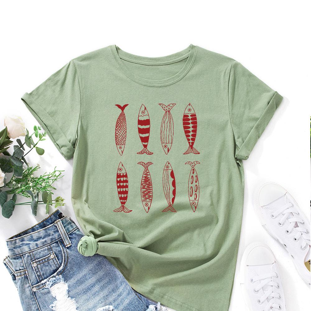 Cotton T-Shirt Short Sleeve Round Neck Women 2d Print Tops