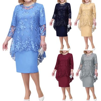 O-neck High-Waist Plus Size Midi Dress Embroidery Lace 45720 Sleeve Lady Evening
