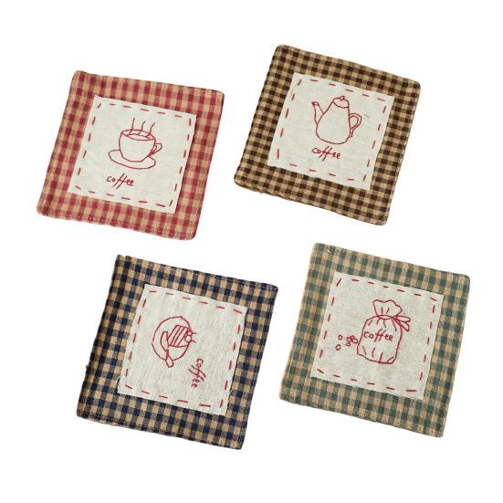 4 pièces sous-verres rustiques en coton, dessous de verre tissés à carreaux brodés à la main pour tasses à café et à thé, protège-table lavable résistant à la chaleur pour la maison