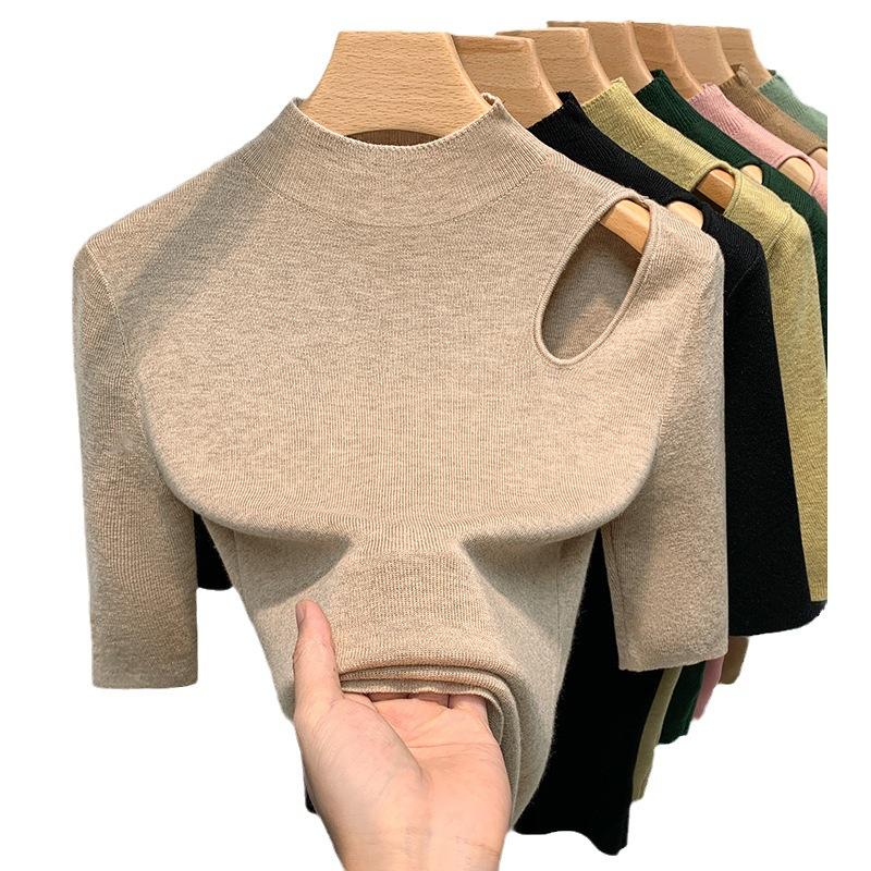 Half Turtleneck Knitted Sweater Women's New European Women's Clothing Sexy Pullover Sweater Temperament Five-quarter Sleeve Top