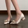 Beaded Bow Women High Heels Shoes Elegant Pointed Toe Dress Shoes 2026 Spring New Shallow Pumps Chunky Comfort