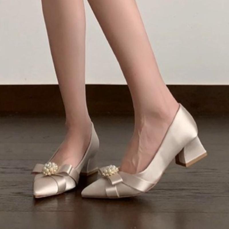 Beaded Bow Women High Heels Shoes Elegant Pointed Toe Dress Shoes 2026 Spring New Shallow Pumps Chunky Comfort