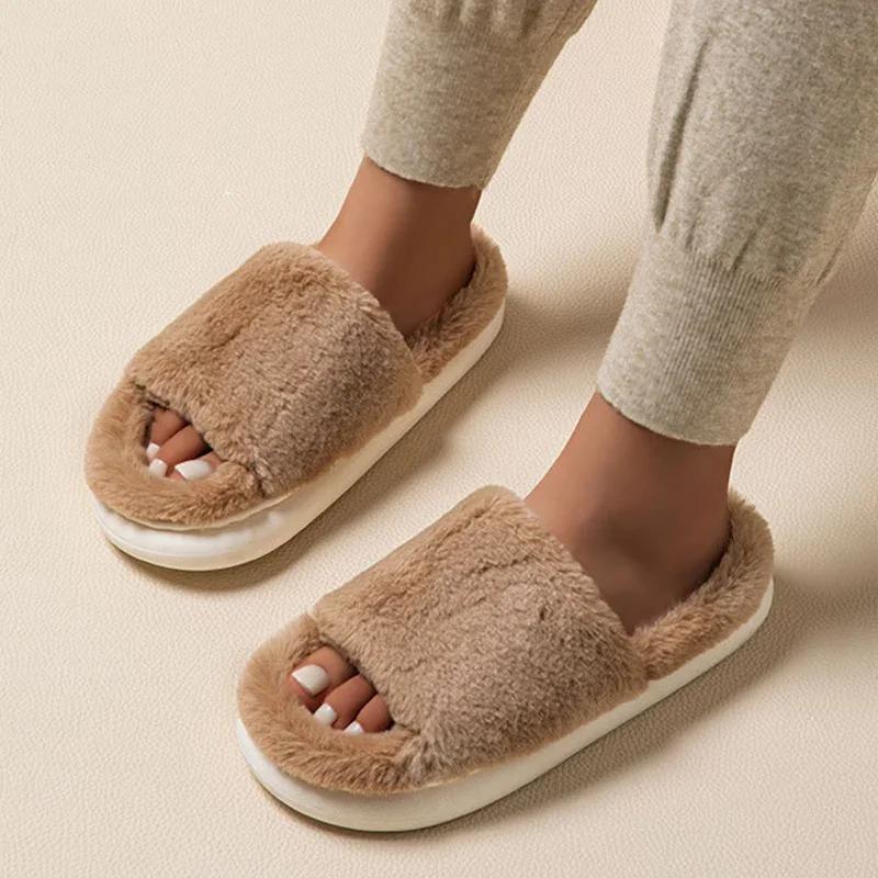 Fashion New Fashion White Fluffy Slippers Women 2025 Winter Warm Thick Sole Home Cotton Shoes Woman Open Toe Faux Fur Platform Slippers