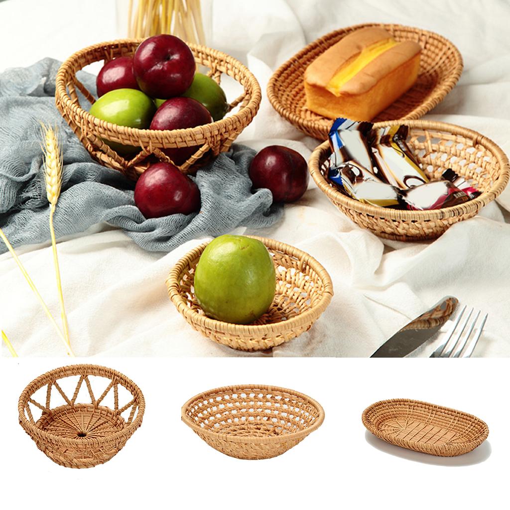 Natural Rattan Storage Kitchen Fruit Basket Handmade Woven Tray Breakfast Bread Baking Organizer Basket For Snack Candy Storage