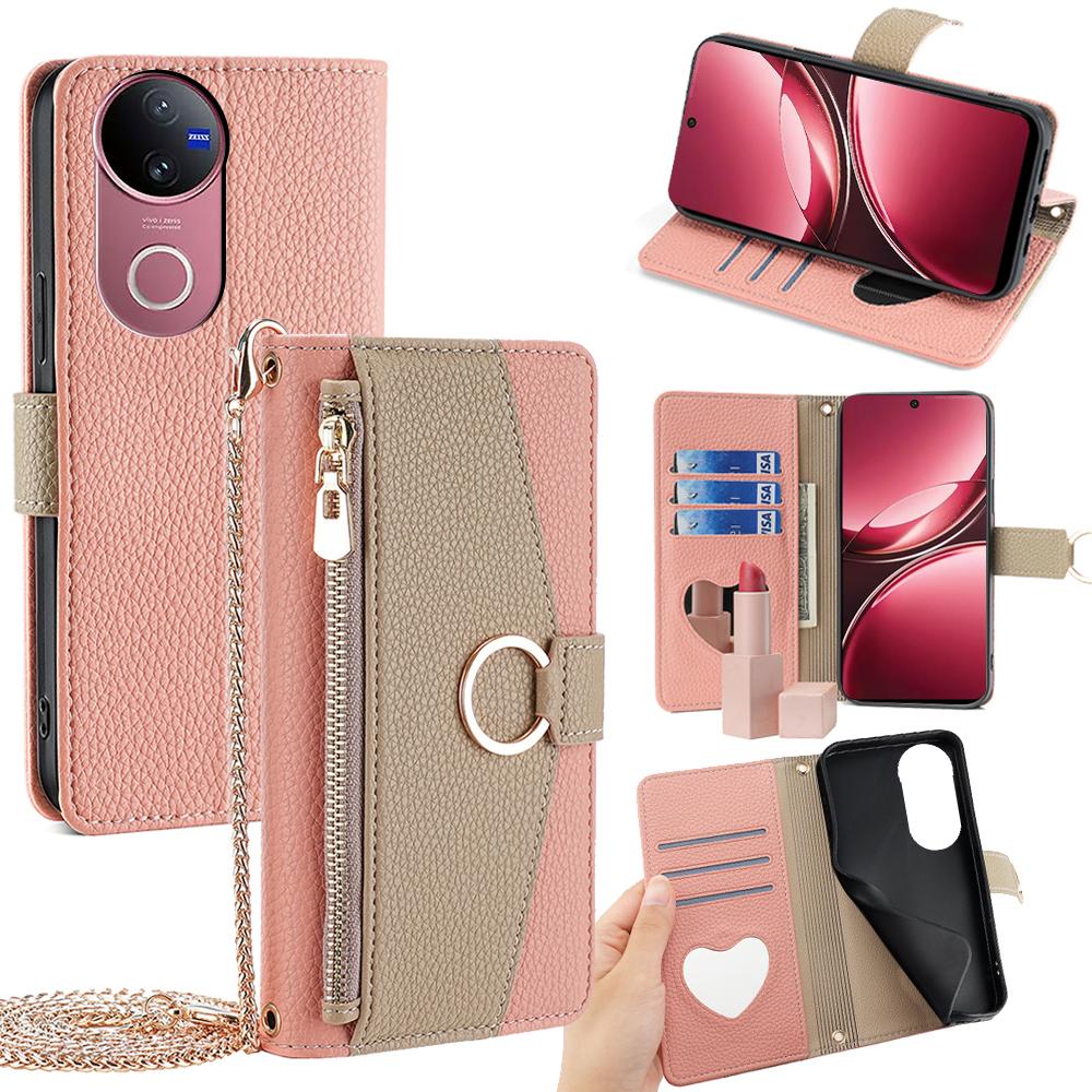 

For vivo V50 5G Case Mirror Wallet Leather Phone Cover with Chain Shoulder Strap Pink