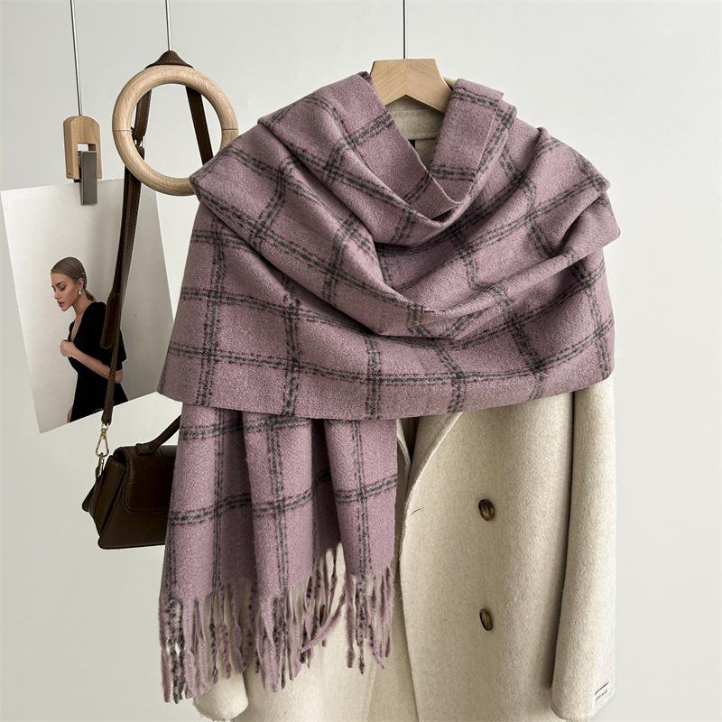 Versatile Imitation Cashmere Tassel Soft And Sticky Plaid Scarf For Women'S Winter Luxury New Fashionable Thickened Warm Shawl