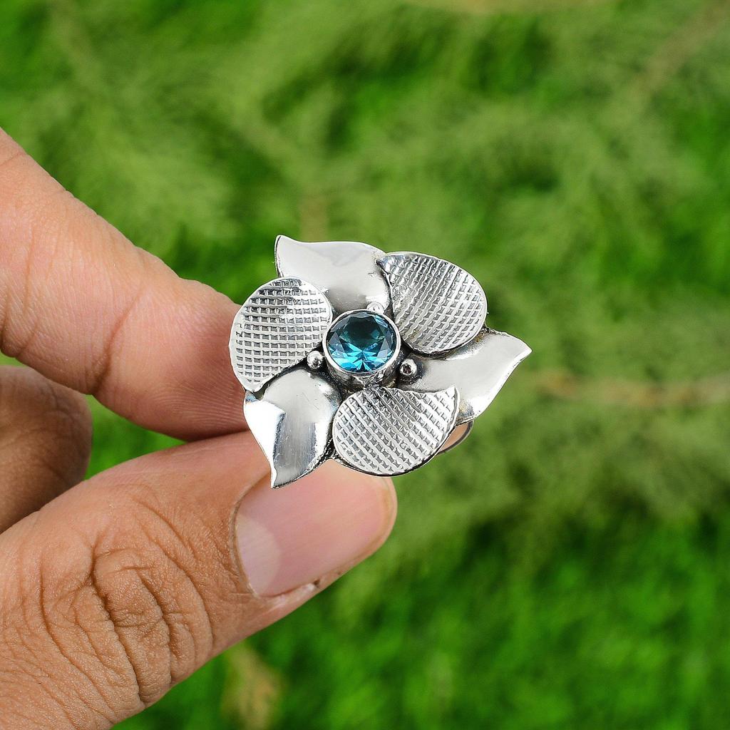 Sterling Silver Natural Swiss Blue Topaz Flower Art Deco Multi Stone Mother Ring