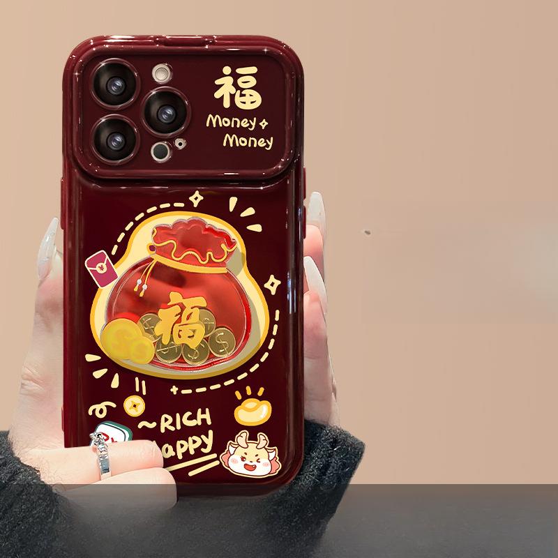 

Шнурок-мешочек с золотой монетой на удачу, подходит для Apple 16PRO с большим окном 15 бордовый 14 откидная крышка зеркало 13 мягкий силикон 7/8 iPhone 16