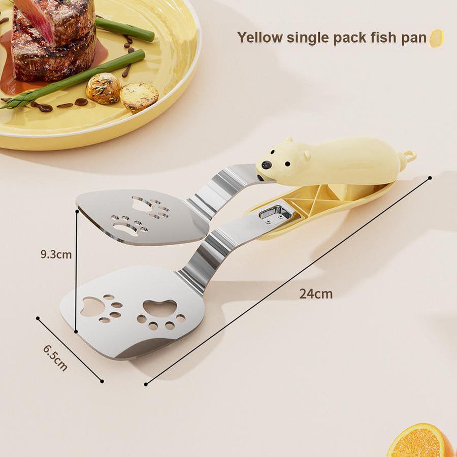Small Bear Fried Fish Turner 2-in-1 Stainless Steel Food Clip Long Handle Anti-Slip Oil Draining Spatula Heat Resistant Clip