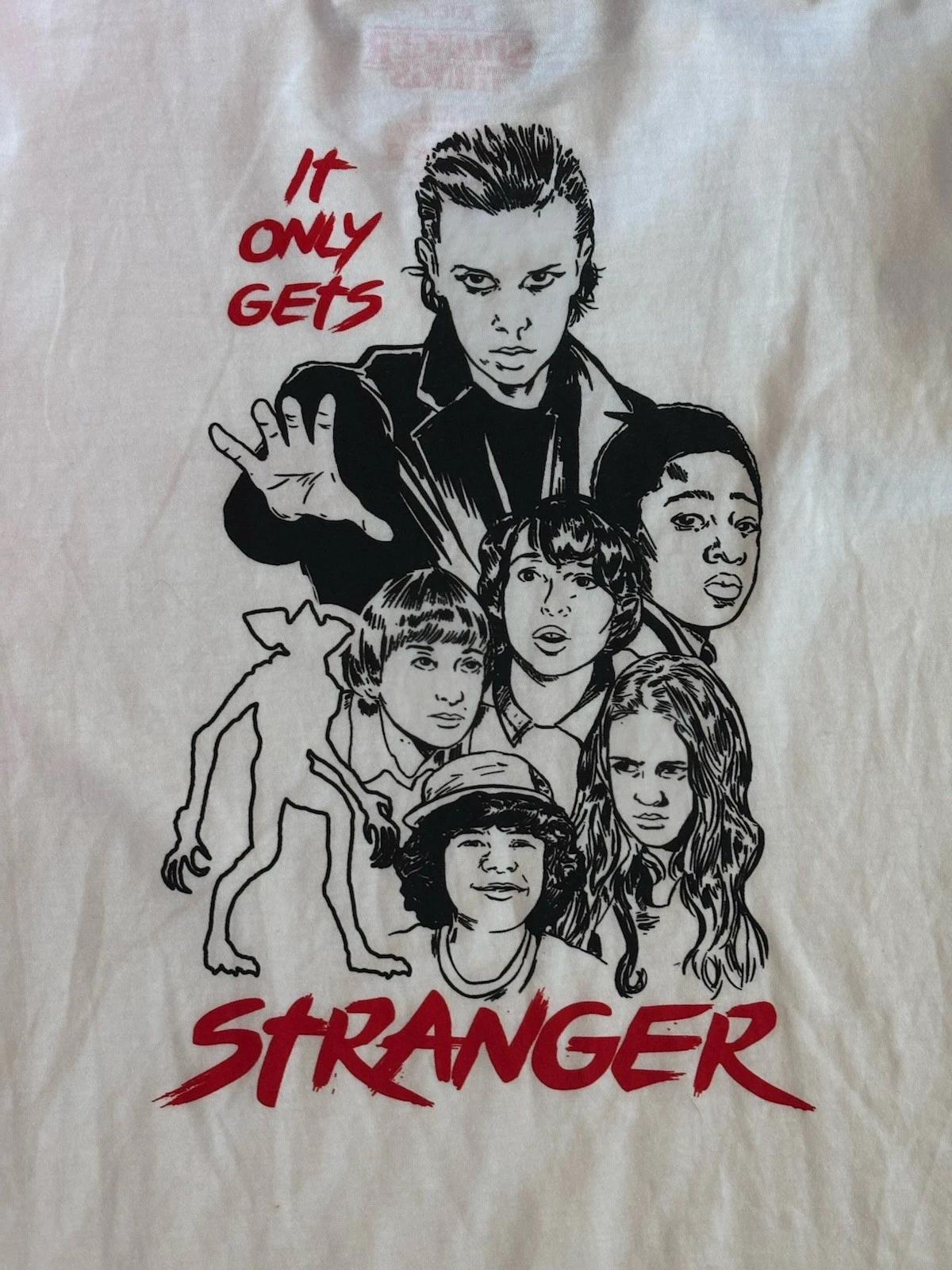 

Official Stranger Things Netflix Graphic XL 100% Cotton T-shirt Mens Tees Top It Only Gets Stranger L