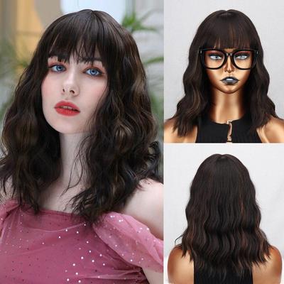 Shoulder Length Brown Mixed Blonde Wavy Bob Wig with Bangs Synthetic Fiber Daily Wear Natural Wavy Wig for Women
