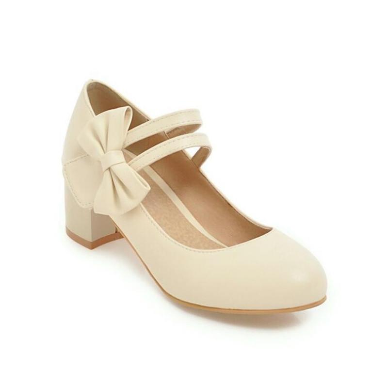 Girls Leather Shoes Lolita Shoes Mary Jane Pumps For Women High Heels Pink Bow-knot Block Heels Shoes Wedding Bride Pumps 31-43
