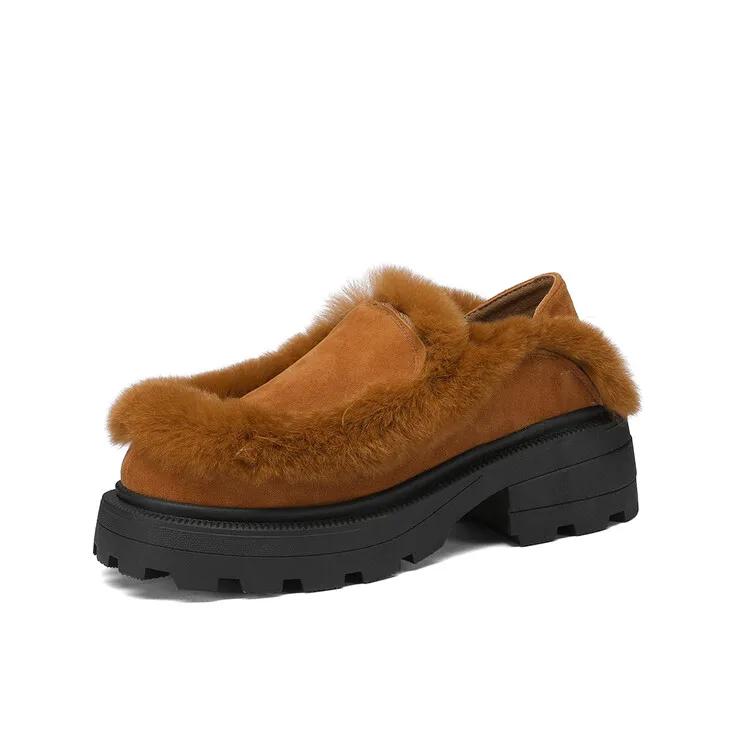 Fashion Vintage Rabbit Hair/wool Autumn and Winter Plush Slippers Women's Fashion Black Brown Warm Outdoor High Heel Cotton Shoes