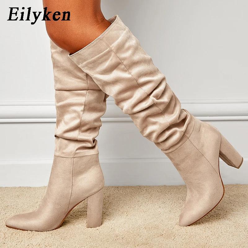 Fashion Eilyken Winter Women Pointed Toe Folds Flock Warm Knee-High Boot  Fashion Concise Ladies High Heels Shoes