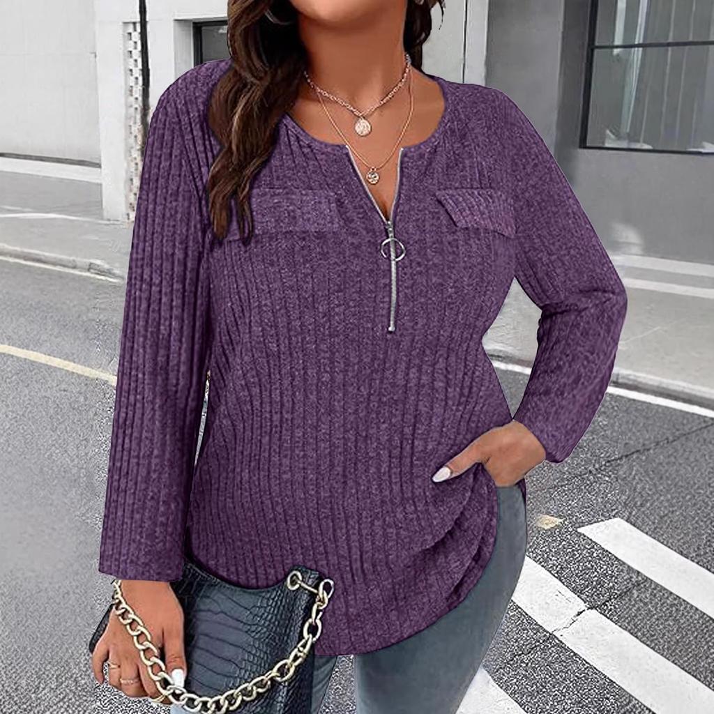 2025 Spring/Autumn Plus Size Women's Long Sleeve V-neck Zipper T-shirt