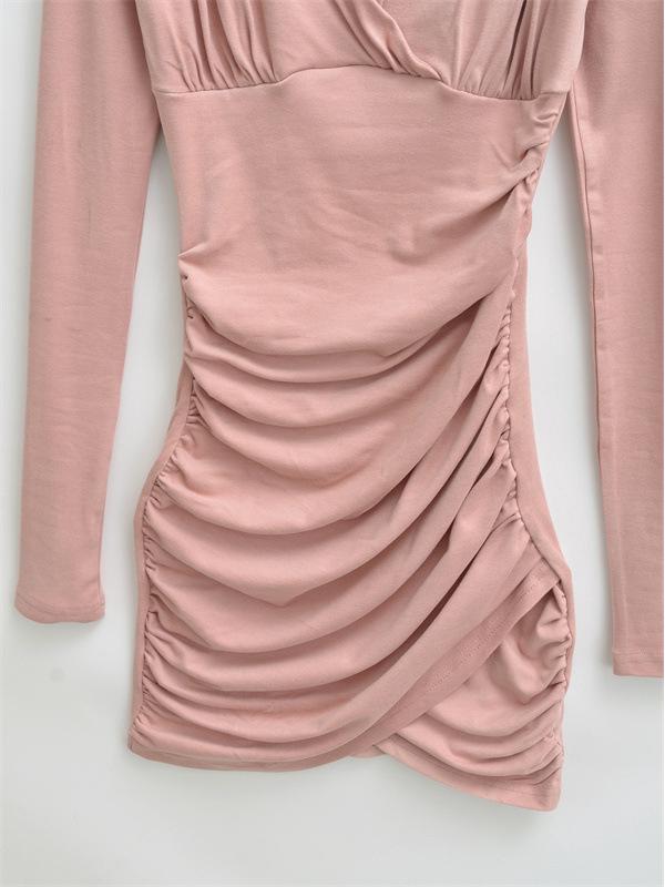 Sexy Deep V-Neck Pleated Slimming Mini Dress for Women - Autumn and Winter Base Layer