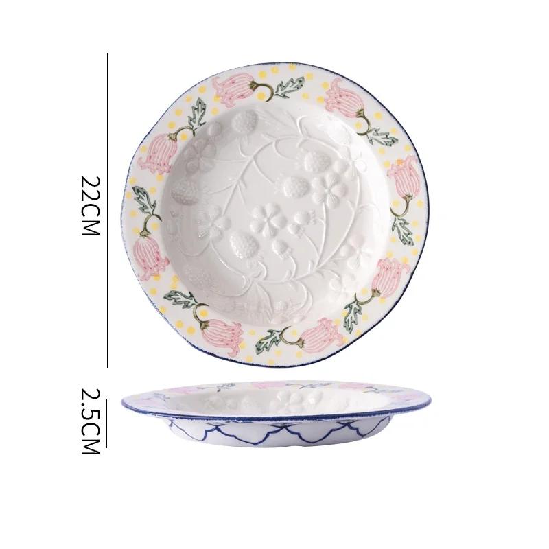 

Креативные рельефные цветочные керамические тарелки, легкие, роскошные, ресторанные, макаронные десертные тарелки, изысканные блюда, обеденная тарелка, уникальная посуда