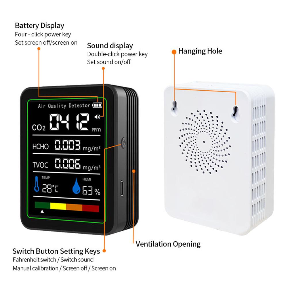 5 In 1 Carbon Dioxide Detector Digital Display Temperature Humidity Monitor CO 2 Air Quality Monitors for Formaldehyde Detecting